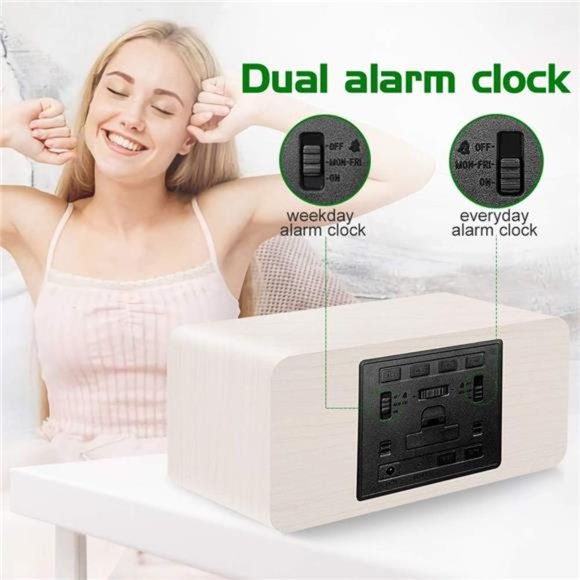 Digital Wooden Alarm Clock with Wireless Charging 0-100% Dimmer, Dual Alarm - Picture 4 of 5